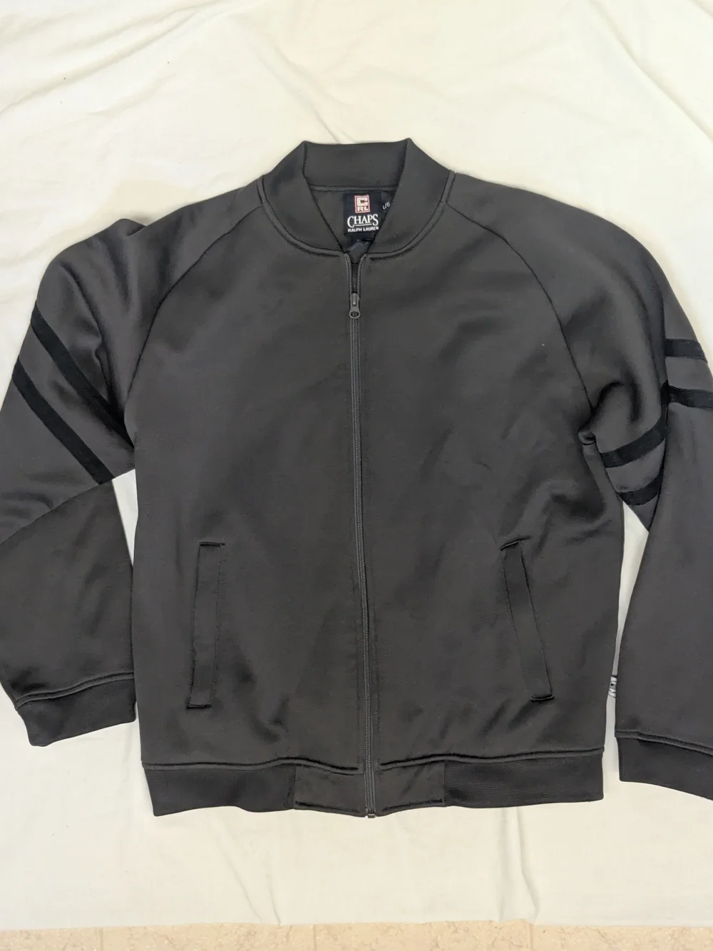 Vintage Chaps Ralph Lauren Grey Men's Full-Zip Bomber with Sleeve Stripes